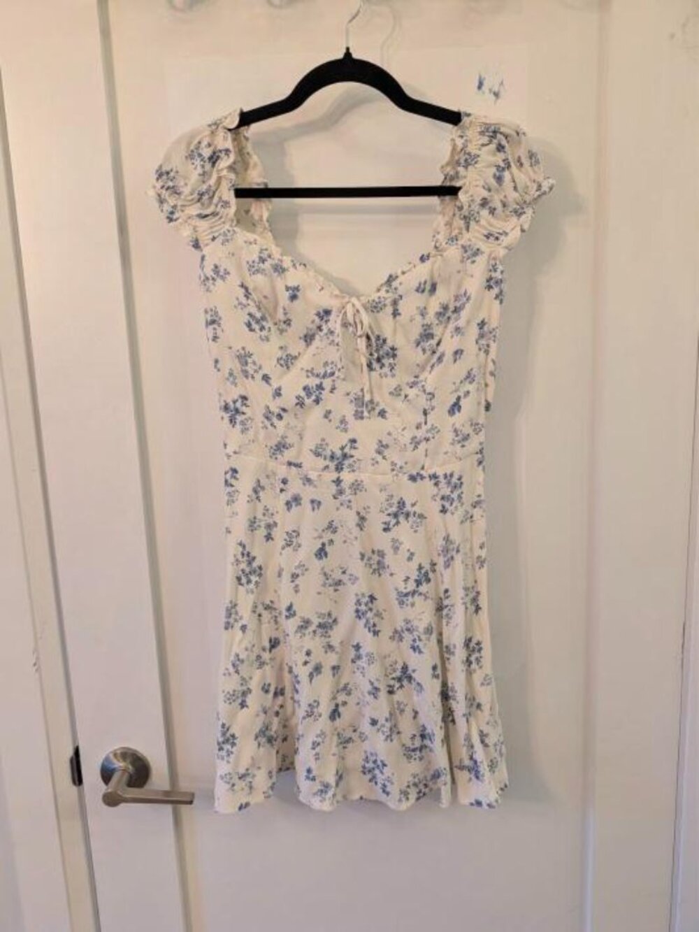 Reformation Cream Blue Floral Puff Sleeve Mini Dress Size 6